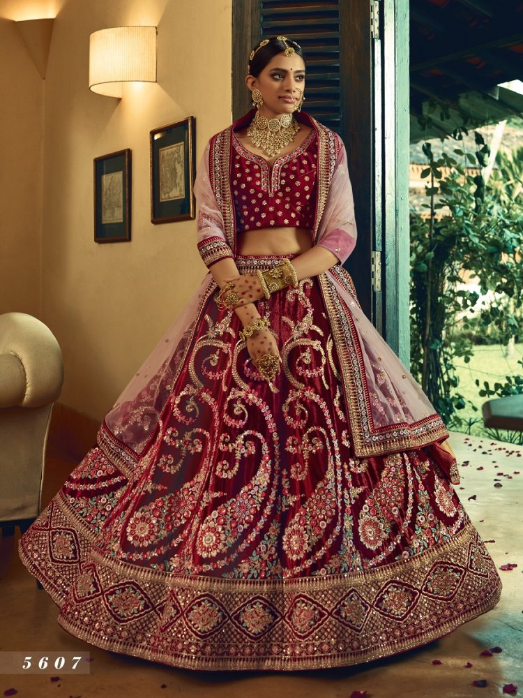 Maroon Velvet Embroidered Bridal Lehenga Choli