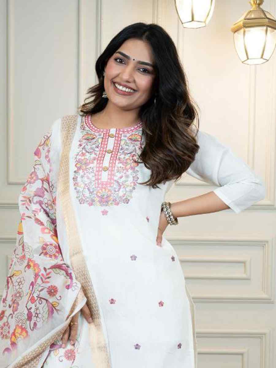 Cream Premium Roman Silk Embroidery Party Wedding Festival Casual Ready Pant Salwar Kameez
