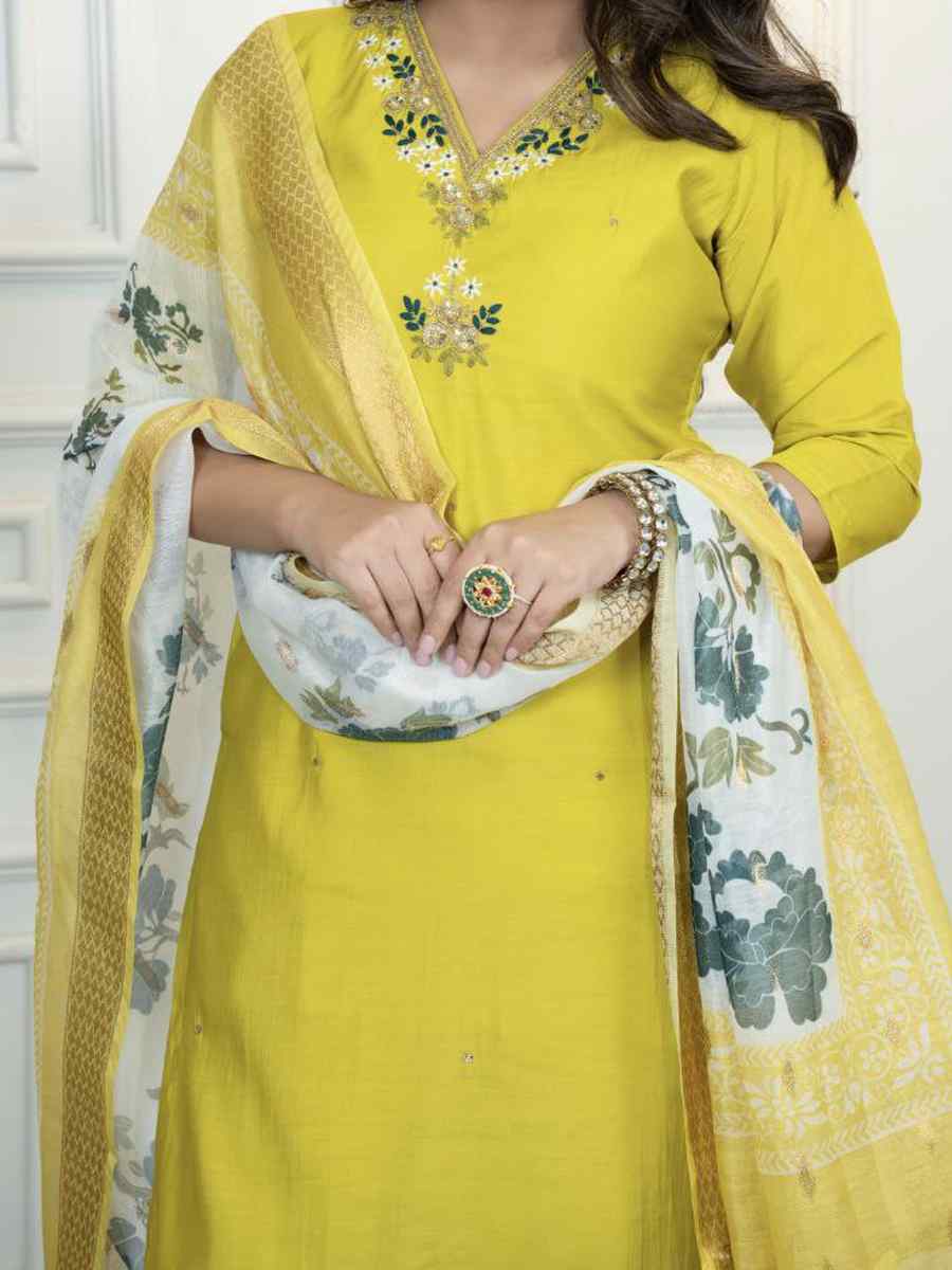Yellow Premium Roman Silk Embroidery Party Wedding Festival Casual Ready Pant Salwar Kameez