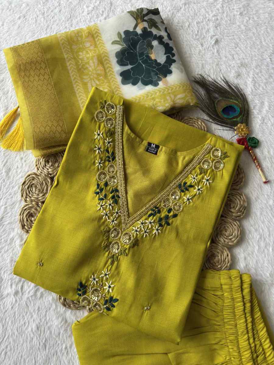 Yellow Premium Roman Silk Embroidery Party Wedding Festival Casual Ready Pant Salwar Kameez