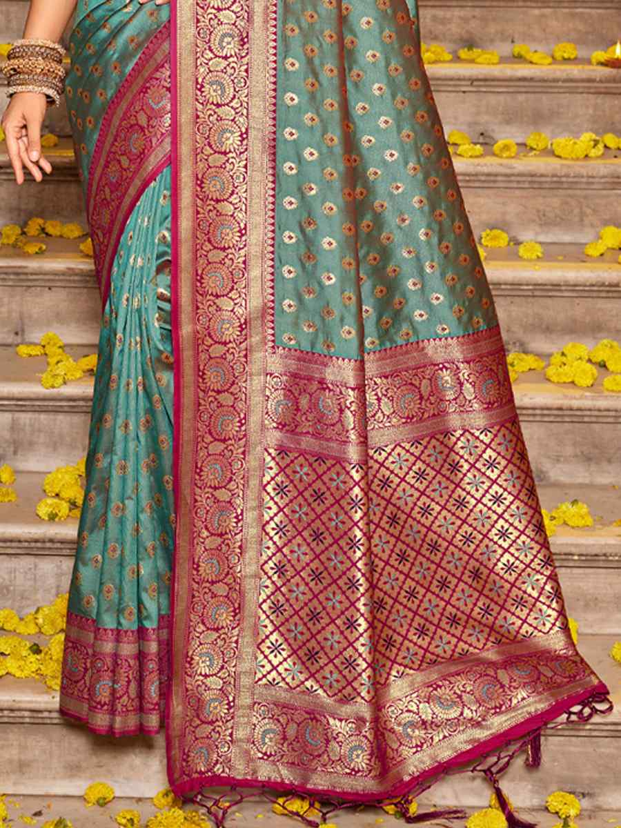 Sea Green Banarasi Silk Handwoven Traditional Bridal Reception Festival Wedding Fancy Heavy Border Saree