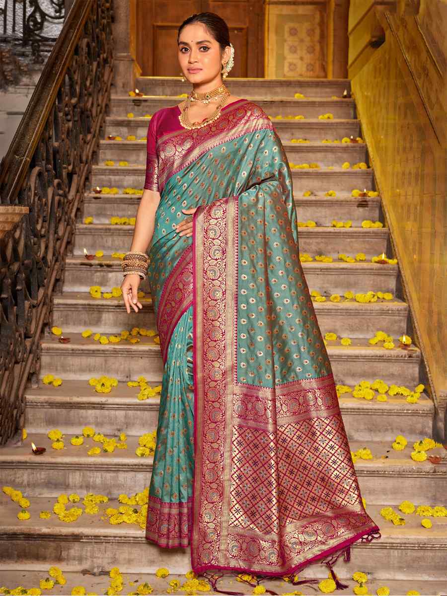 Sea Green Banarasi Silk Handwoven Traditional Bridal Reception Festival Wedding Fancy Heavy Border Saree