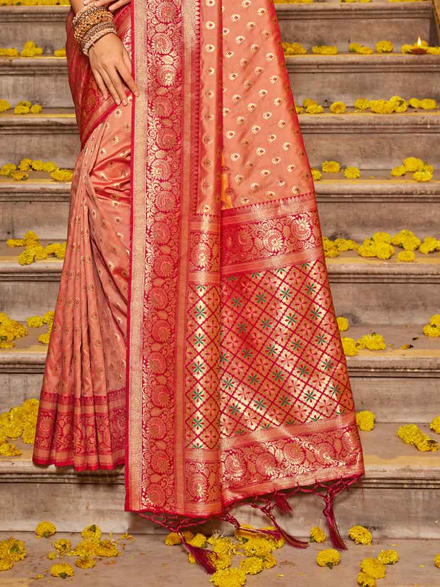 Peach Banarasi Silk Handwoven Traditional Bridal Reception Festival Wedding Fancy Heavy Border Saree