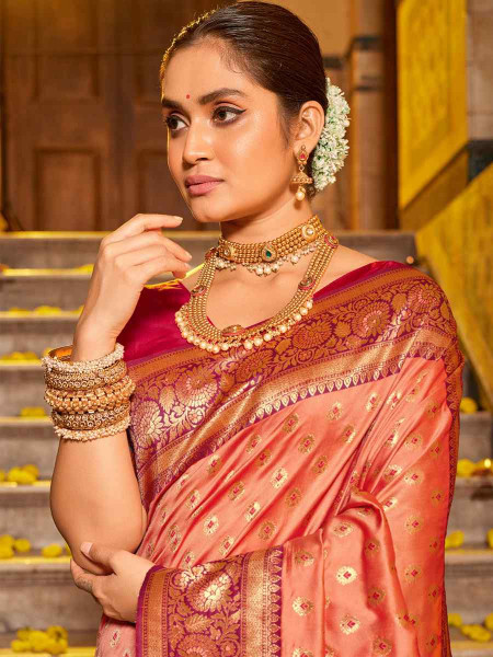 Peach Banarasi Silk Handwoven Traditional Bridal Reception Festival Wedding Fancy Heavy Border Saree
