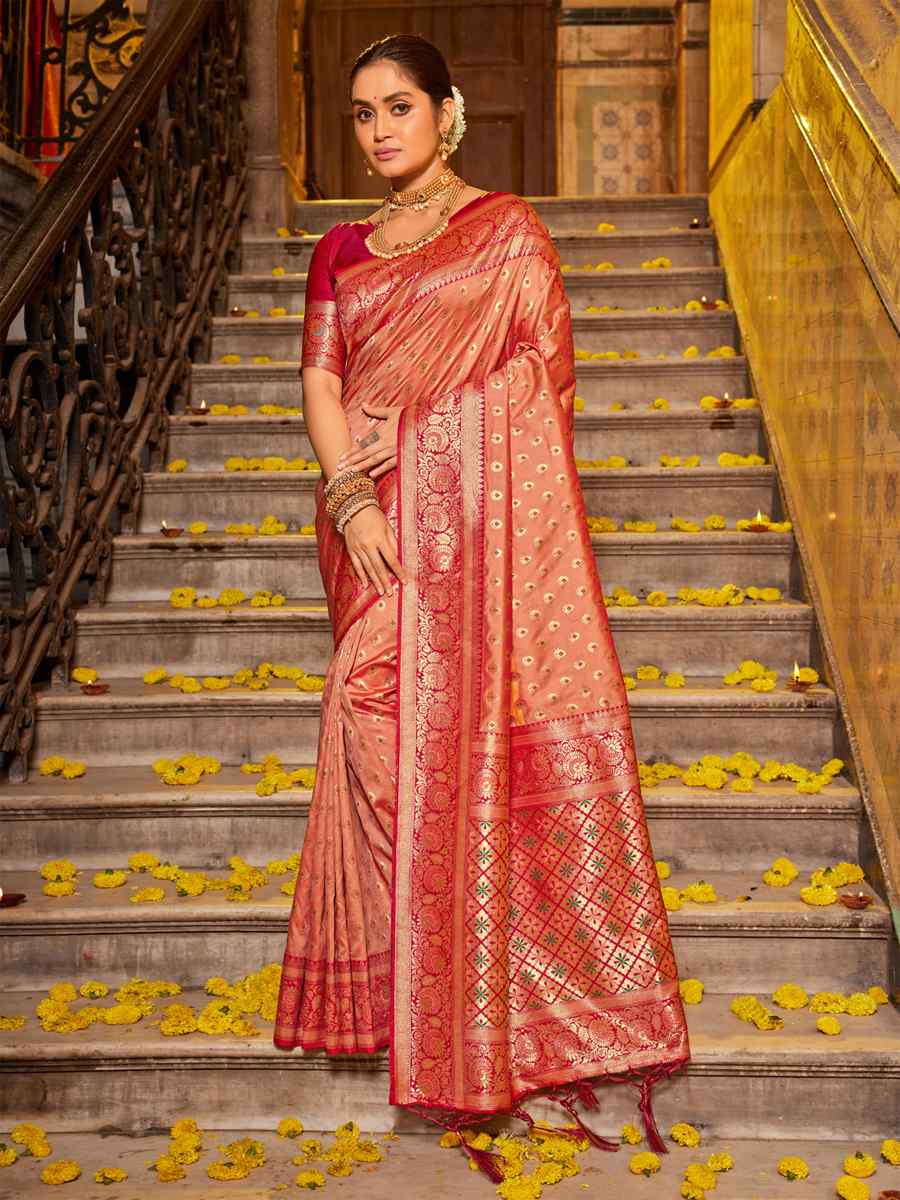 Peach Banarasi Silk Handwoven Traditional Bridal Reception Festival Wedding Fancy Heavy Border Saree