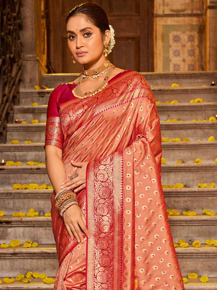 Peach Banarasi Silk Handwoven Traditional Bridal Reception Festival Wedding Fancy Heavy Border Saree