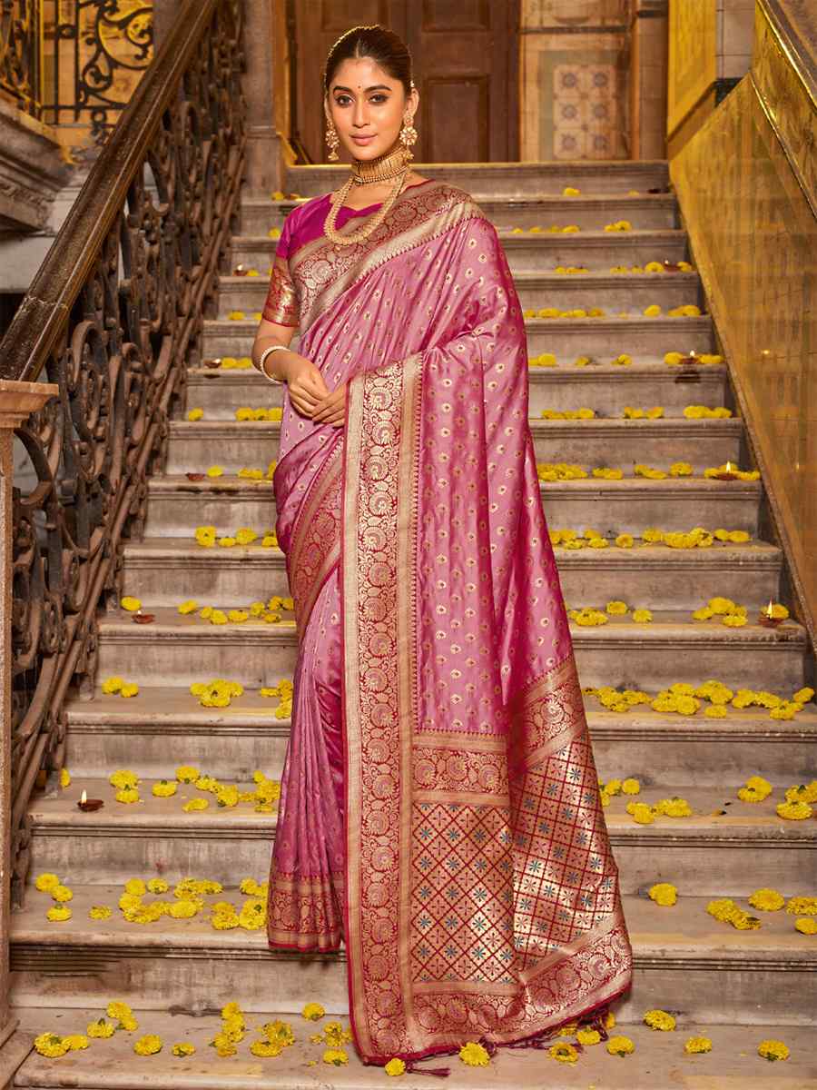 Light Pink Banarasi Silk Handwoven Traditional Bridal Reception Festival Wedding Fancy Heavy Border Saree