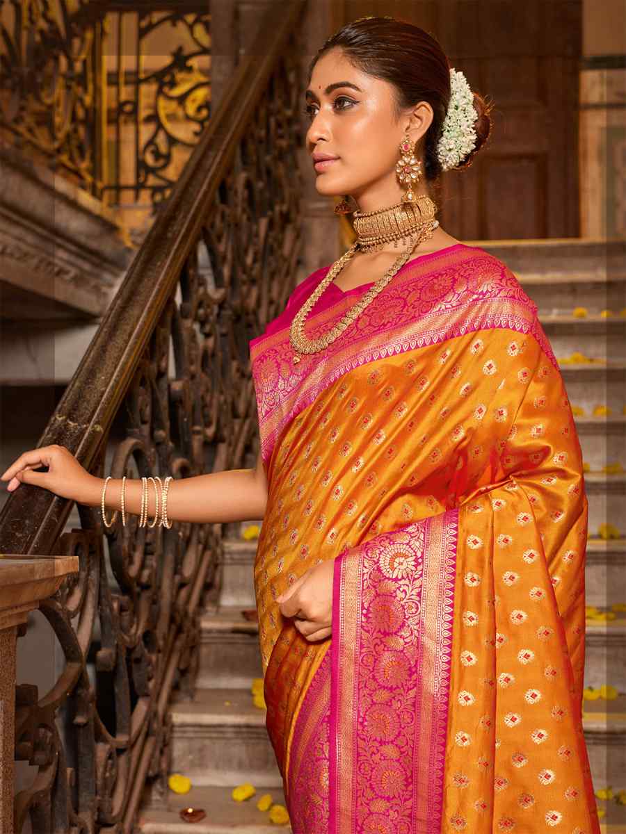 Mustard Banarasi Silk Handwoven Traditional Bridal Reception Festival Wedding Fancy Heavy Border Saree