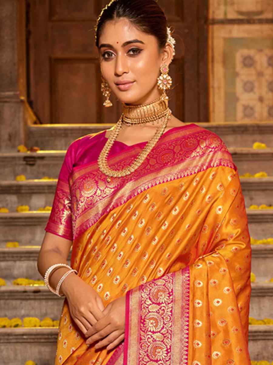 Mustard Banarasi Silk Handwoven Traditional Bridal Reception Festival Wedding Fancy Heavy Border Saree