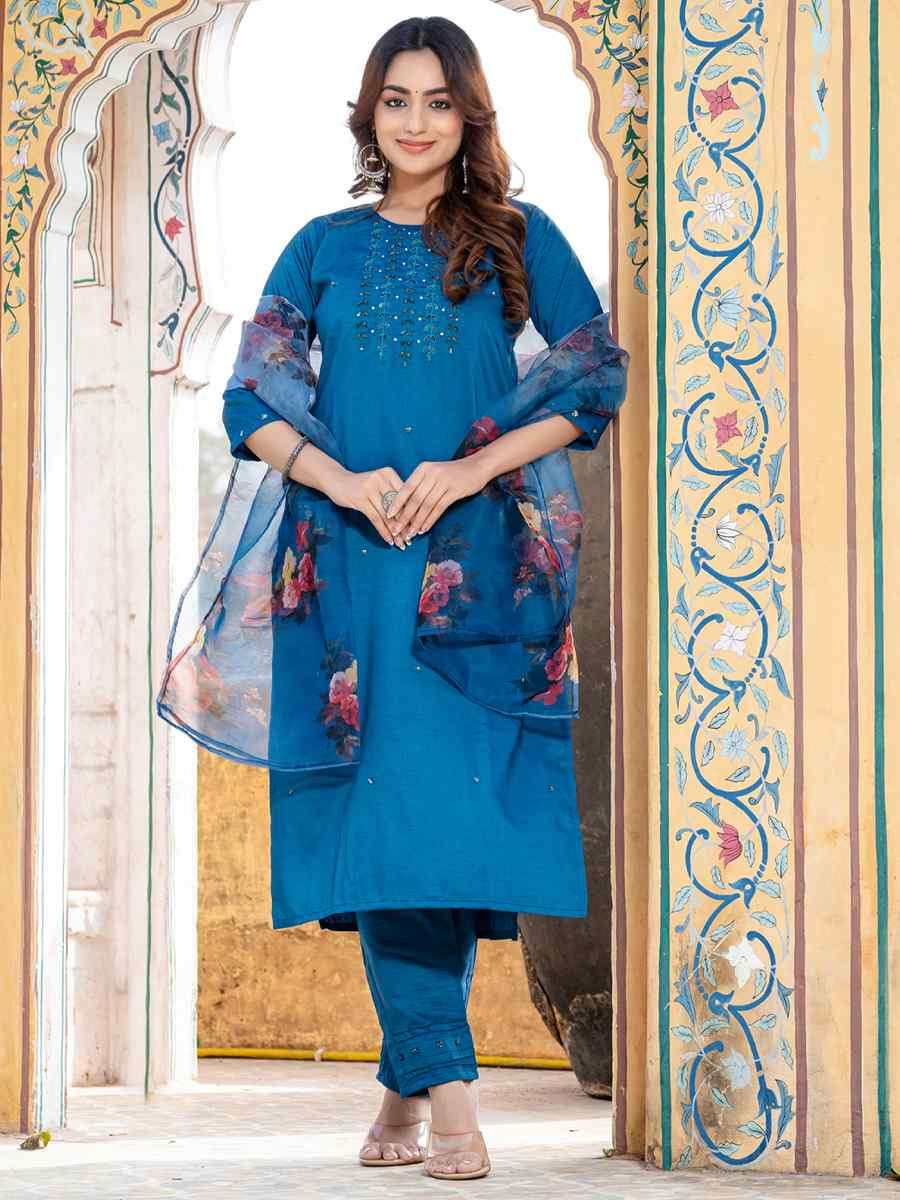 Teal Silk Embroidery Party Wedding Festival Casual Ready Pant Salwar Kameez