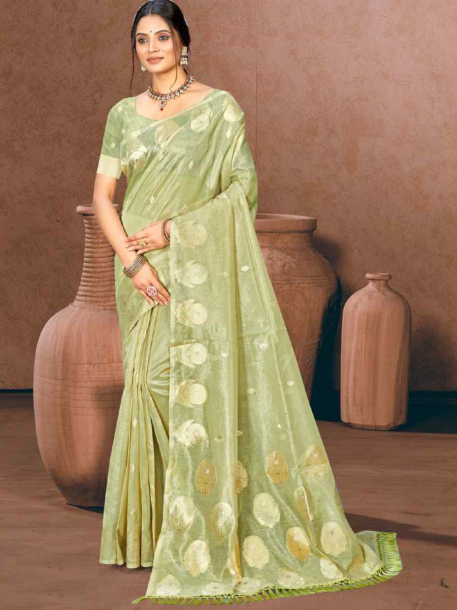 Green Cotton Silk Handwoven Casual Festival Party Classic Style Sarees