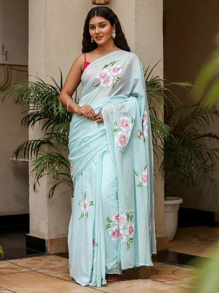 Sky Blue Pure Muslin Printed Traditional Casual Reception Festival Fastive Fancy Classic Style Sarees