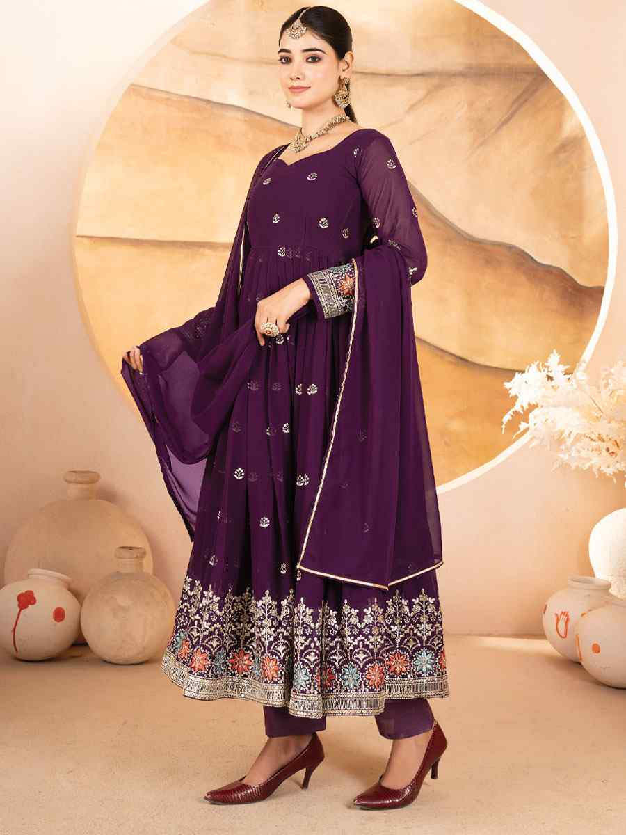 Wine Faux Blooming Georgette Embroidery Party Wedding Festival Casual Ready Anarkali Salwar Kameez