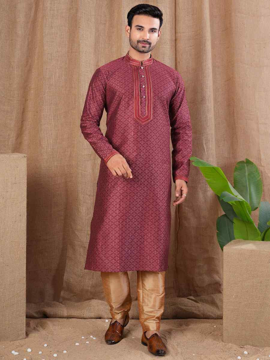 Marron Jacquard Embroidery Festival Wedding Party Mens Kurta