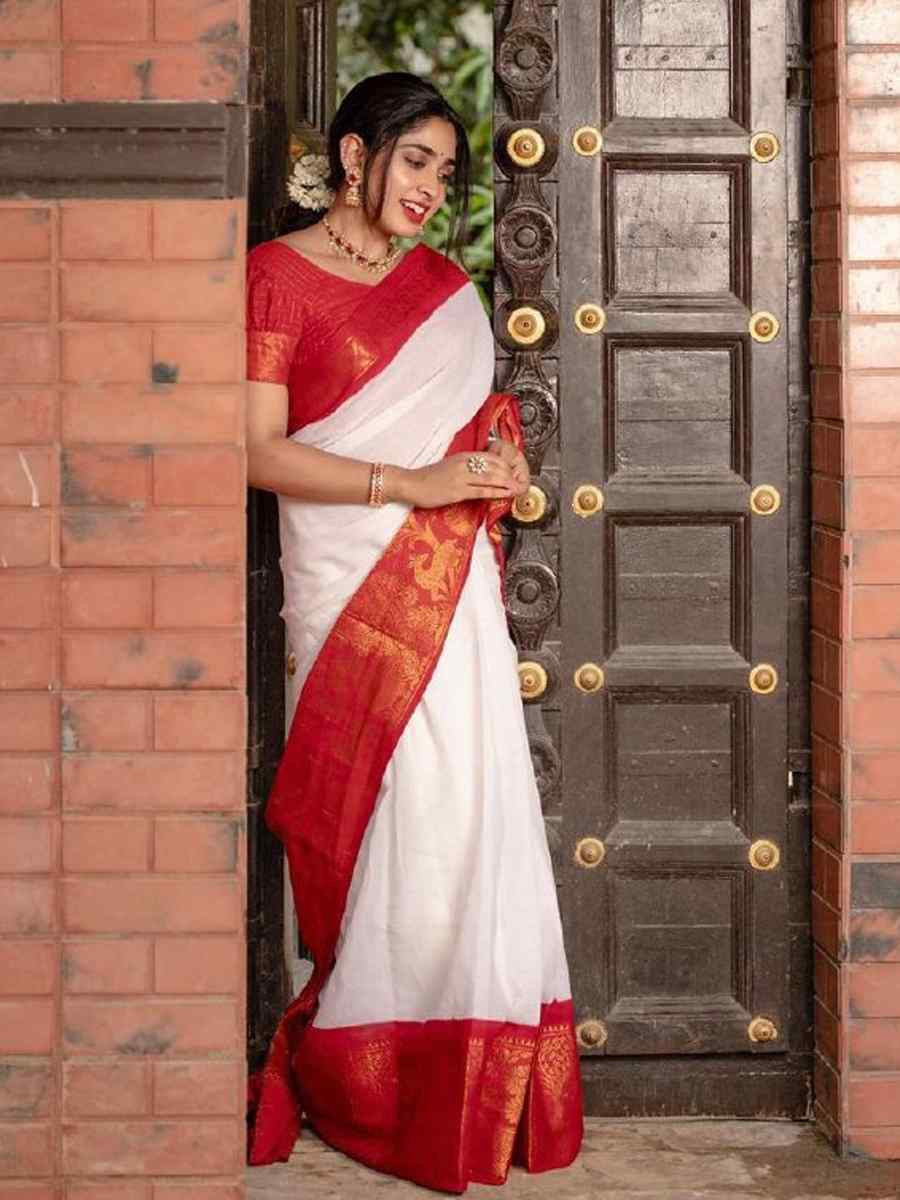 White Banarasi Soft Silk Jacquard Festival Wear Fancy Heavy Border Saree