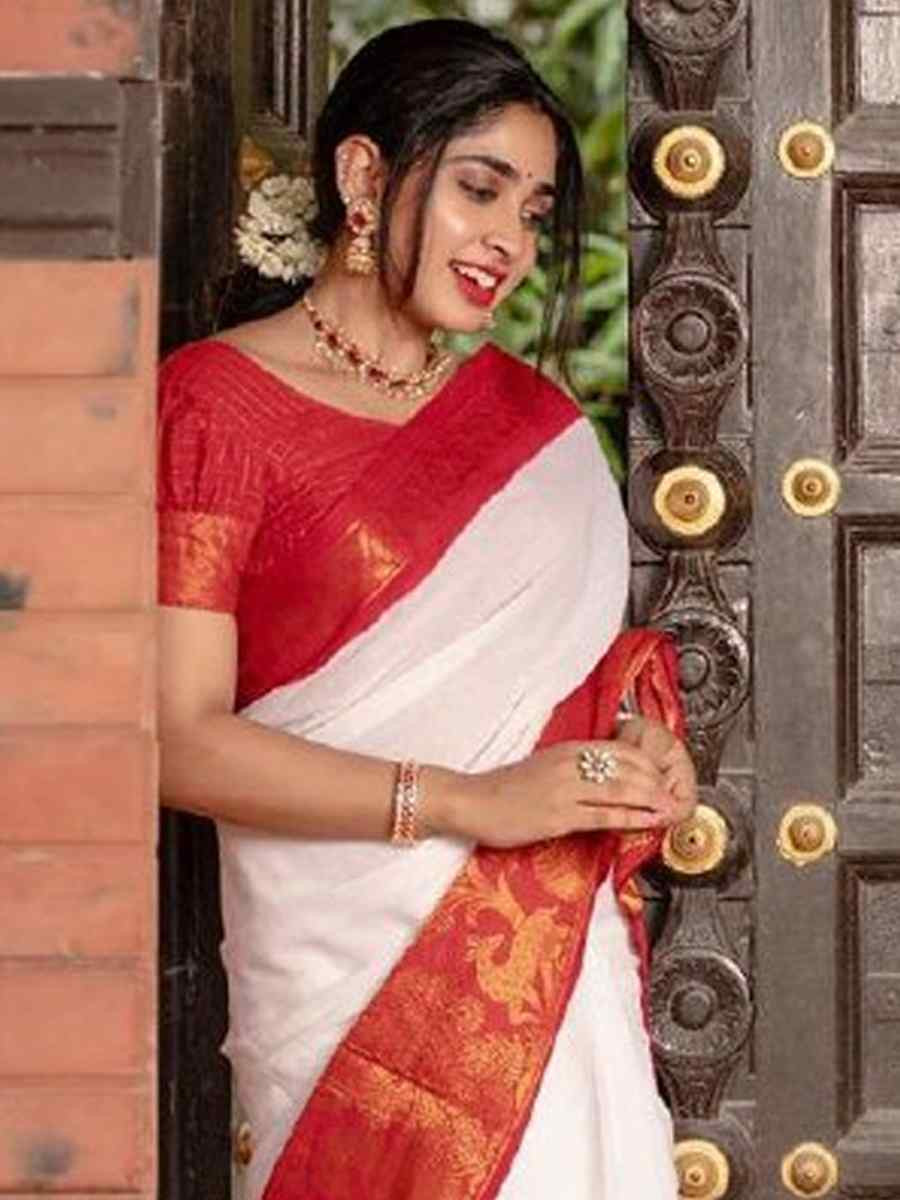 White Banarasi Soft Silk Jacquard Festival Wear Fancy Heavy Border Saree