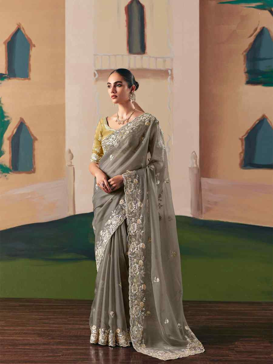 Grey Organza Embroidery Zari Bridal Reception Festival Wedding Fancy Heavy Border Saree