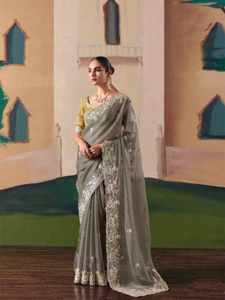Image of Grey Organza Embroidery Zari Bridal Reception Festival Wedding Fancy Heavy Border Saree