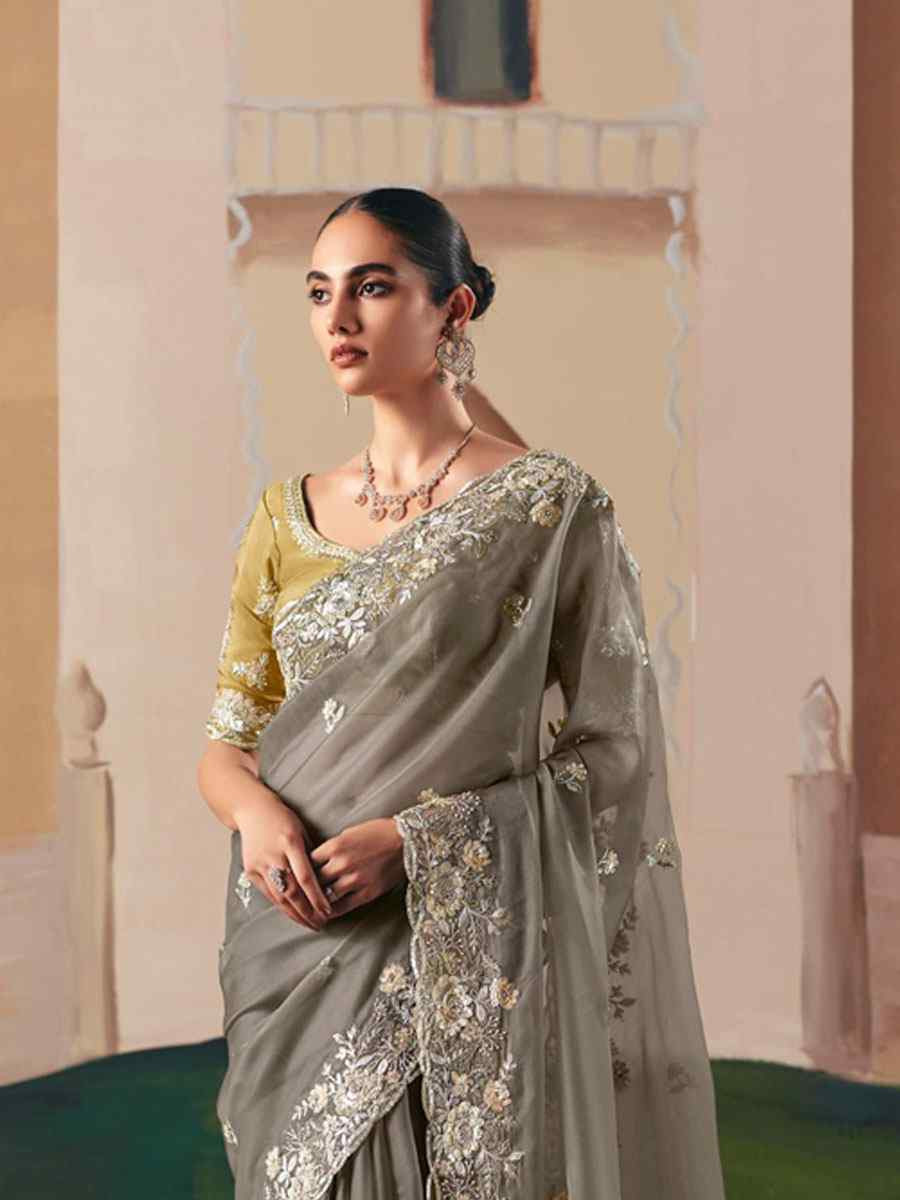 Grey Organza Embroidery Zari Bridal Reception Festival Wedding Fancy Heavy Border Saree