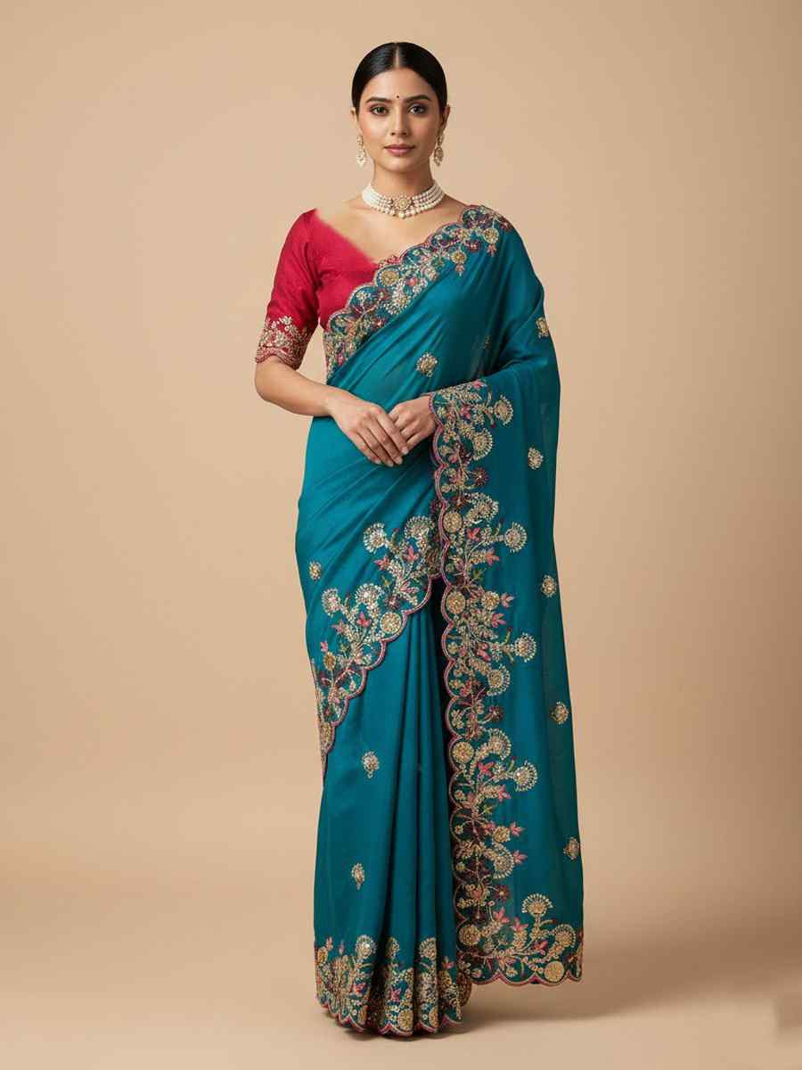 Blue Soft Fendy Chiffon Embroidery Handwoven Festival Wedding Fancy Heavy Border Saree