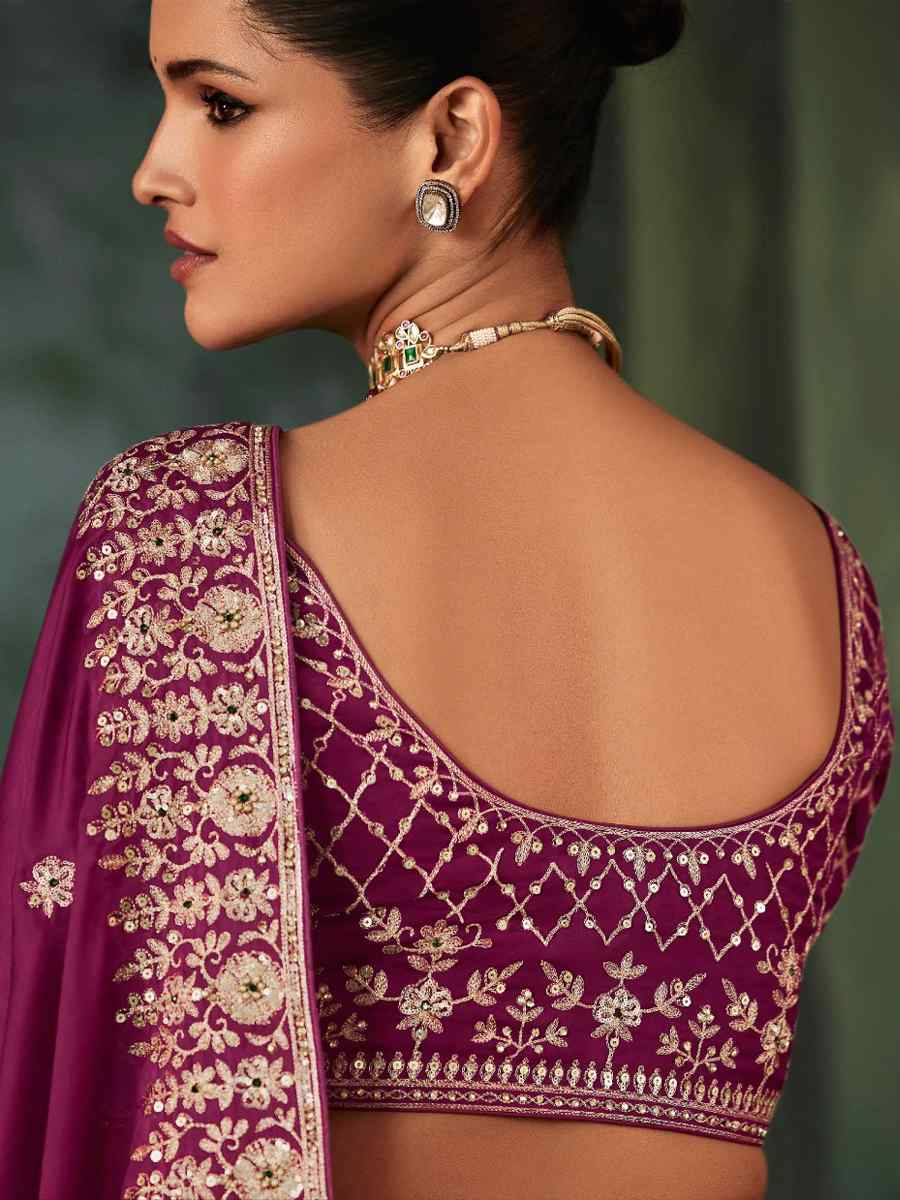 Purple Georgette Embroidery Bridal Reception Festival Wedding Fancy Heavy Border Saree