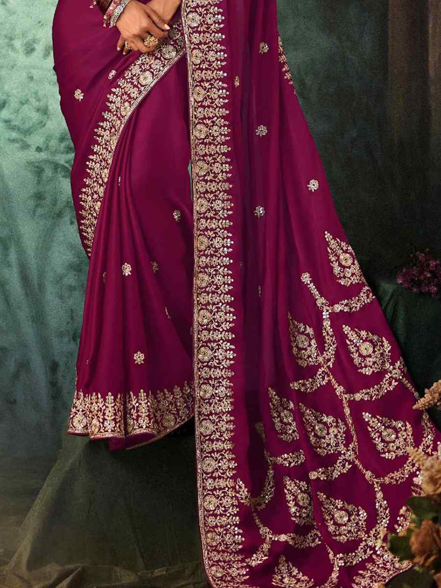 Purple Georgette Embroidery Bridal Reception Festival Wedding Fancy Heavy Border Saree