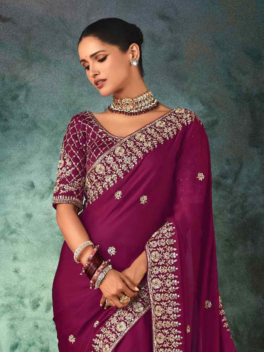 Purple Georgette Embroidery Bridal Reception Festival Wedding Fancy Heavy Border Saree