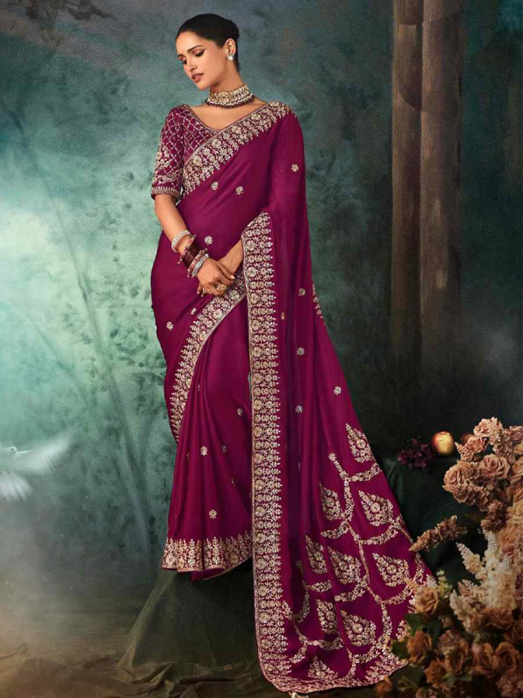 Image of Purple Georgette Embroidery Bridal Reception Festival Wedding Fancy Heavy Border Saree