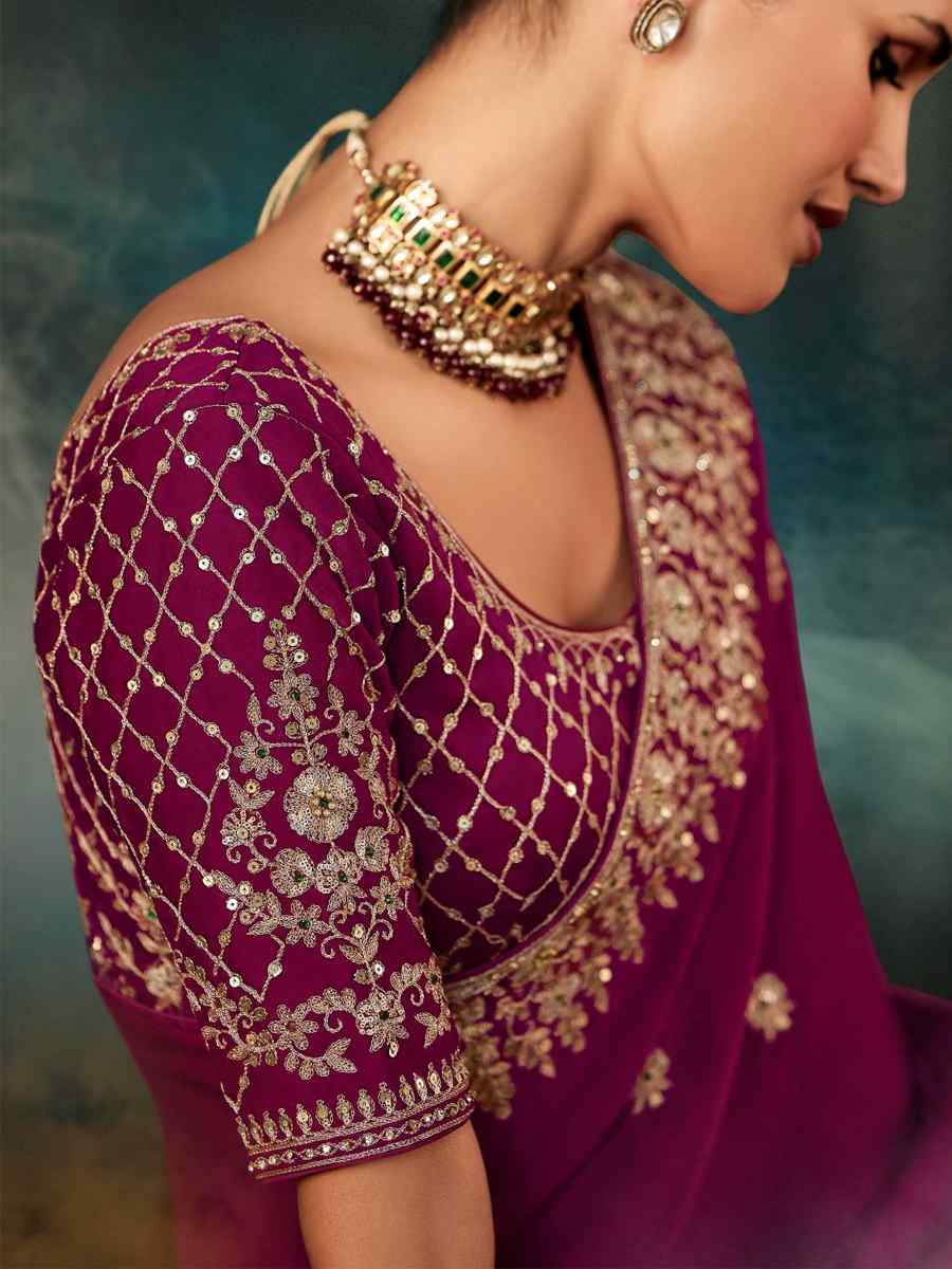 Purple Georgette Embroidery Bridal Reception Festival Wedding Fancy Heavy Border Saree