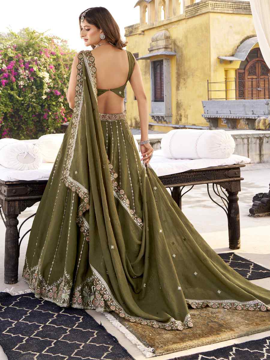 Olive Green Crush Silk Embroidered Wedding Reception Festival Heavy Border Lehenga Choli