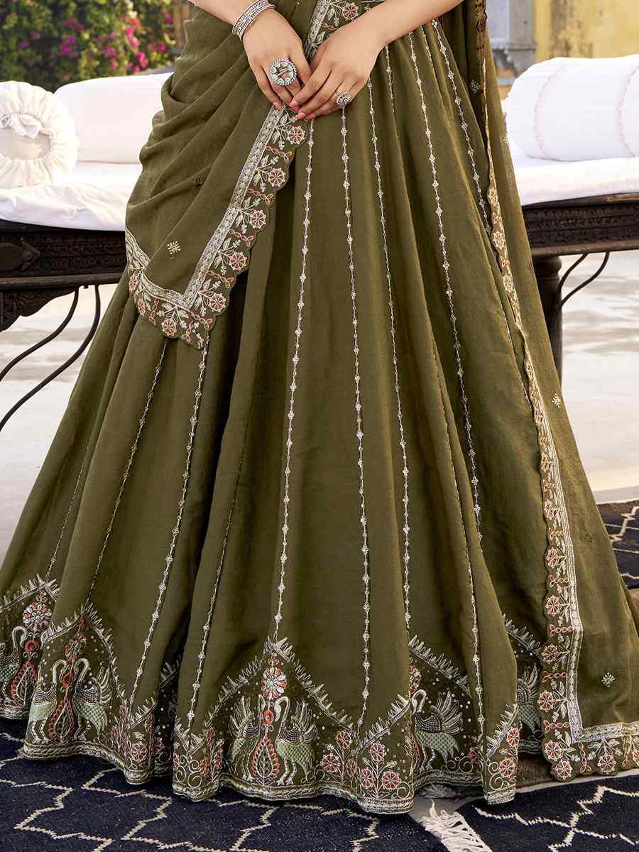Olive Green Crush Silk Embroidered Wedding Reception Festival Heavy Border Lehenga Choli