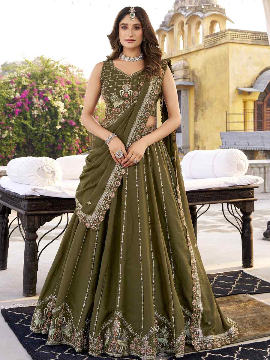 Olive Green Crush Silk Embroidered Wedding Reception Festival Heavy Border Lehenga Choli