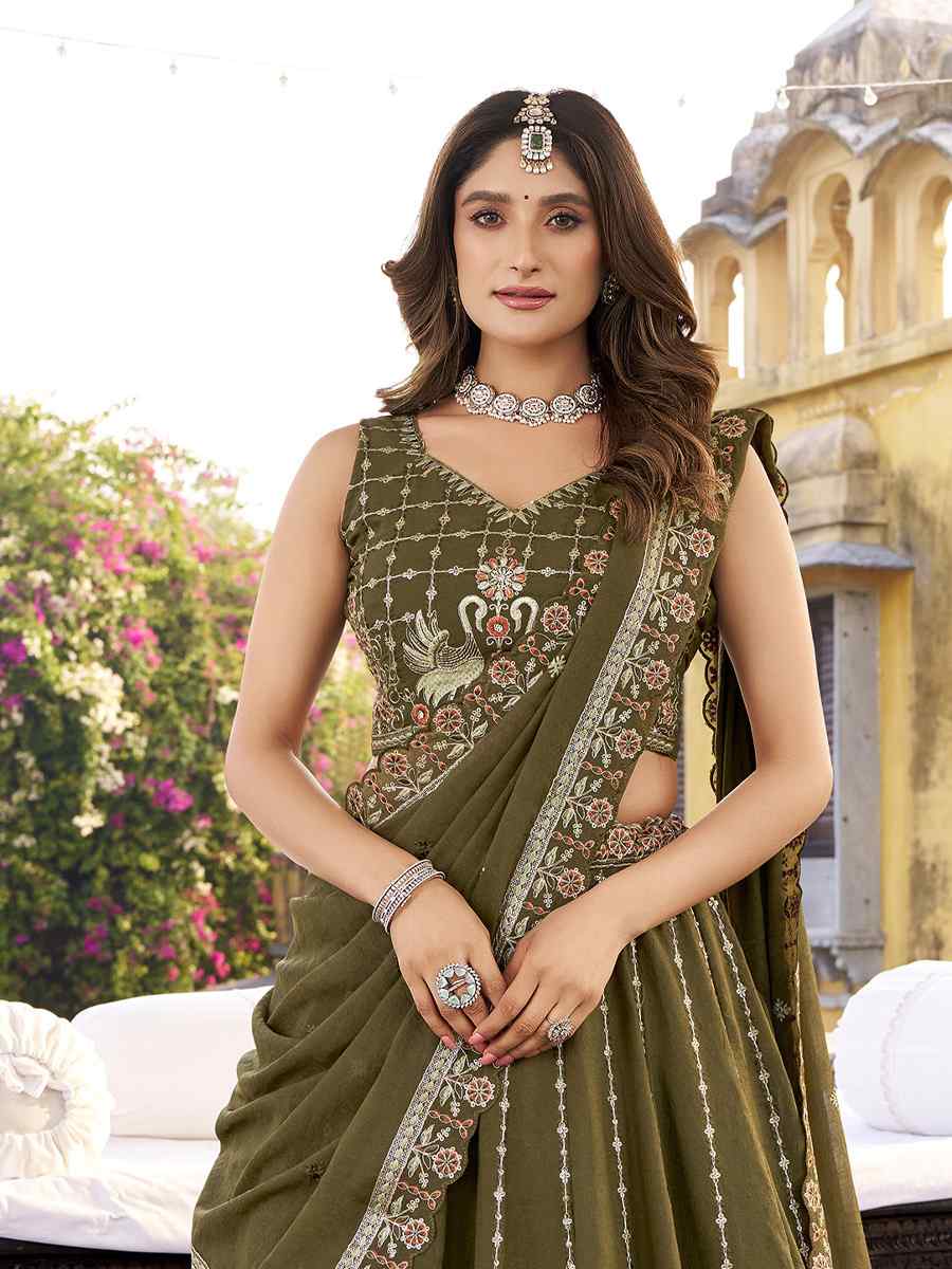 Olive Green Crush Silk Embroidered Wedding Reception Festival Heavy Border Lehenga Choli