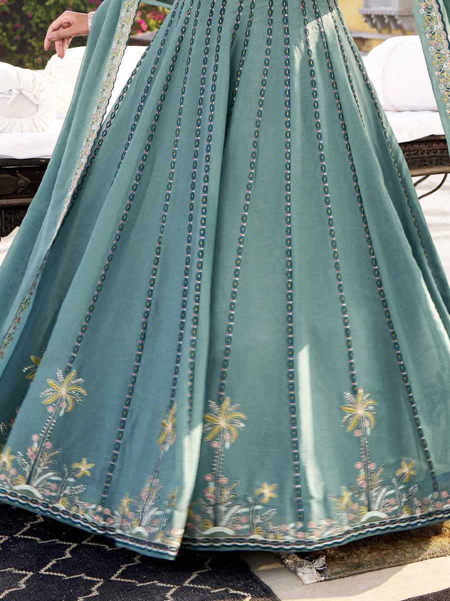 Sky Blue Crush Silk Embroidered Wedding Reception Festival Heavy Border Lehenga Choli