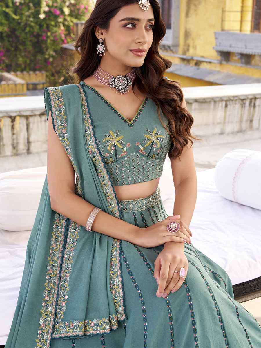 Sky Blue Crush Silk Embroidered Wedding Reception Festival Heavy Border Lehenga Choli