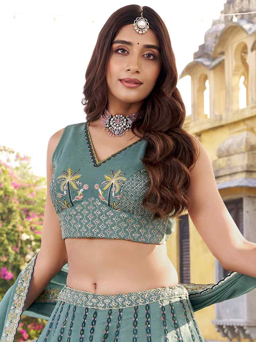 Sky Blue Crush Silk Embroidered Wedding Reception Festival Heavy Border Lehenga Choli