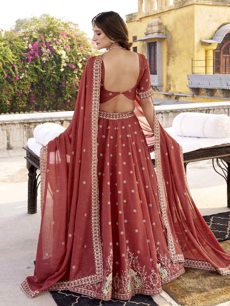 Rust Crush Silk Embroidered Wedding Reception Festival Heavy Border Lehenga Choli