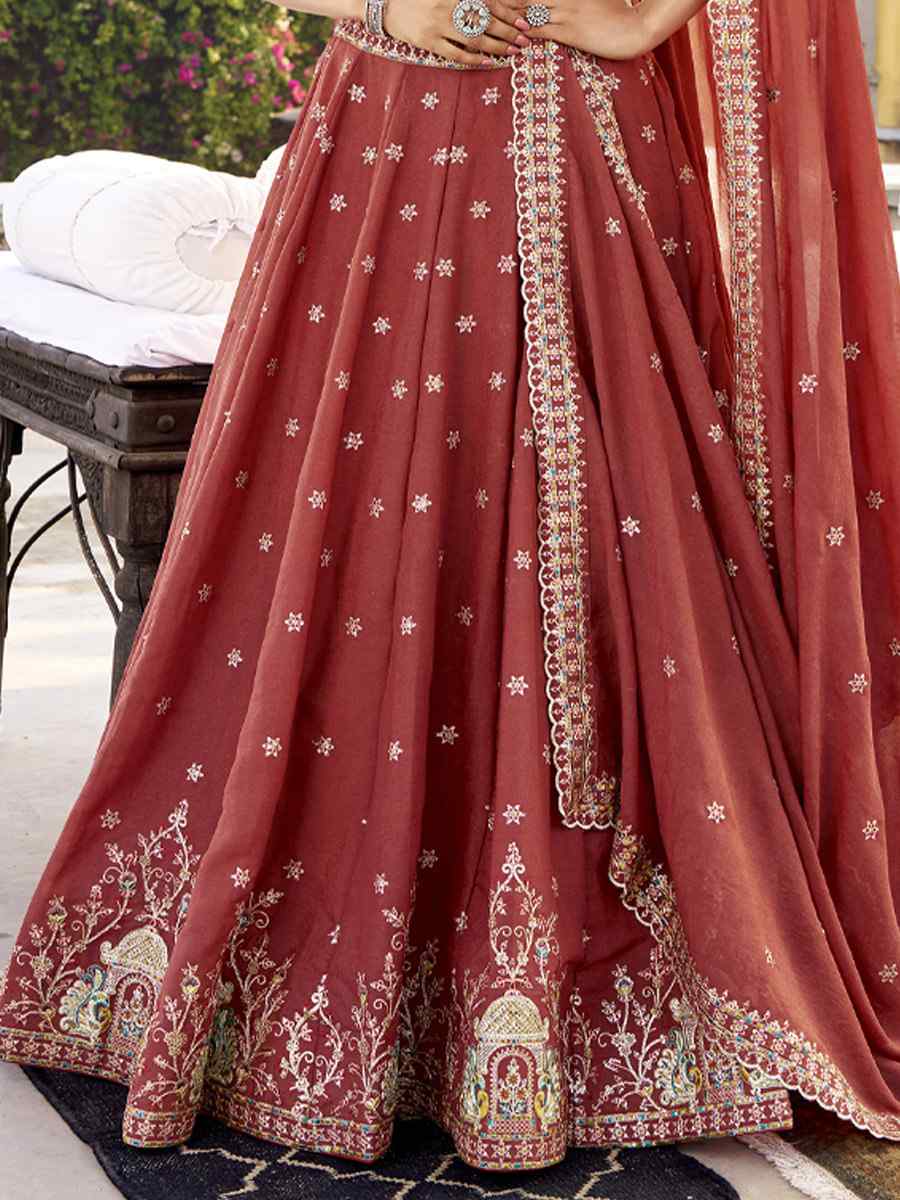 Rust Crush Silk Embroidered Wedding Reception Festival Heavy Border Lehenga Choli