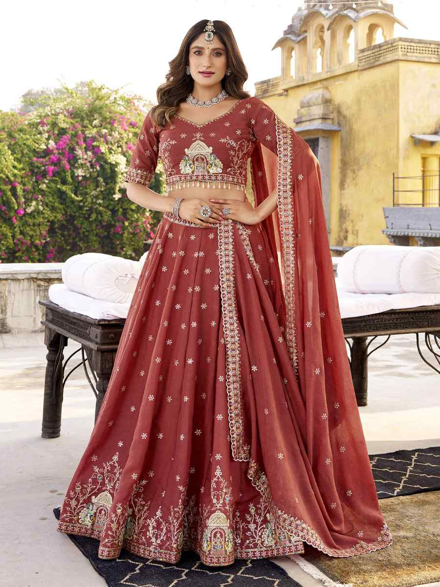 Rust Crush Silk Embroidered Wedding Reception Festival Heavy Border Lehenga Choli