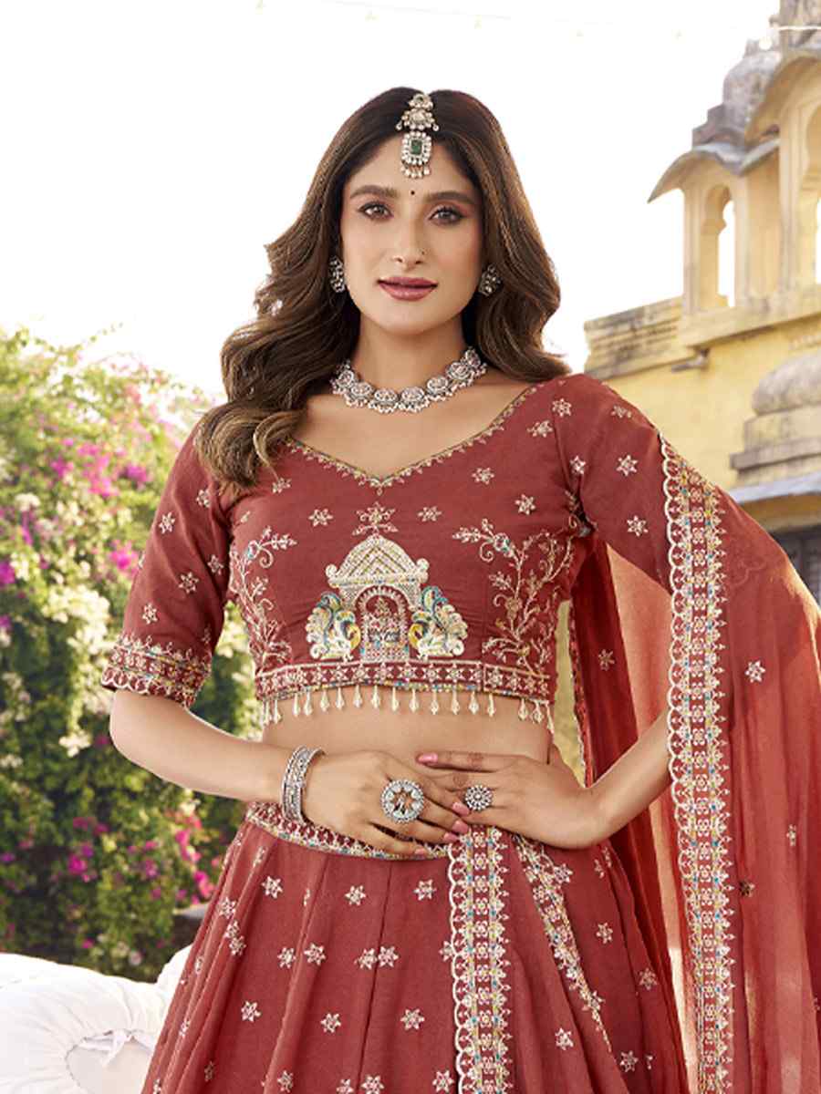 Rust Crush Silk Embroidered Wedding Reception Festival Heavy Border Lehenga Choli