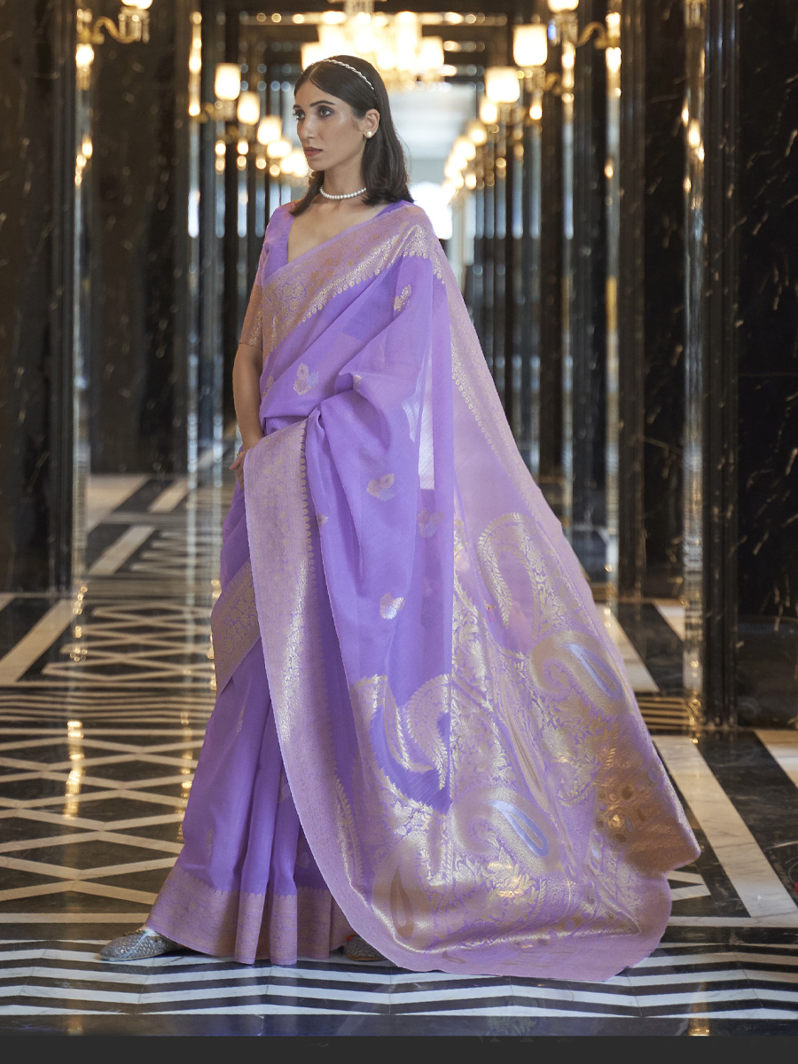 Levender Pure Linen Handwoven Wedding Festival Heavy Border Saree