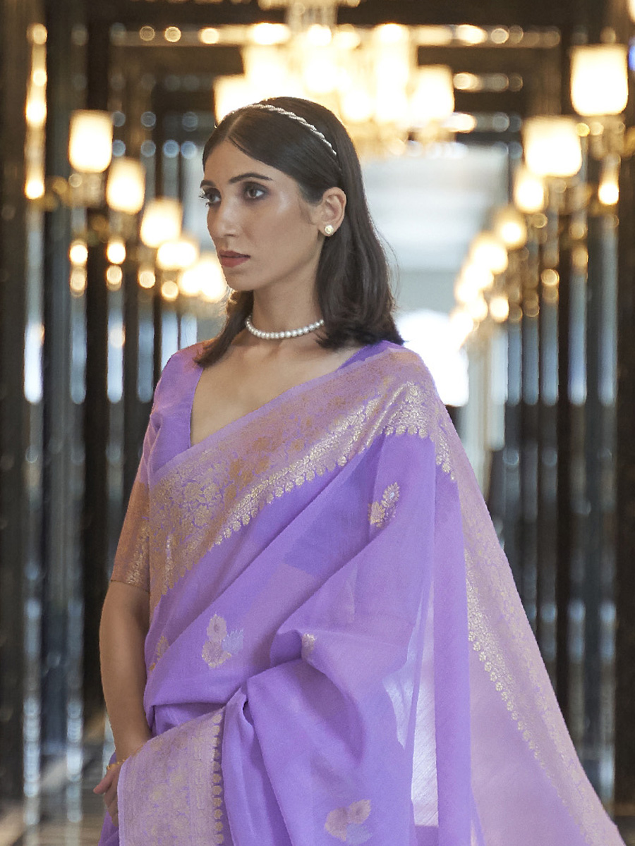 Levender Pure Linen Handwoven Wedding Festival Heavy Border Saree