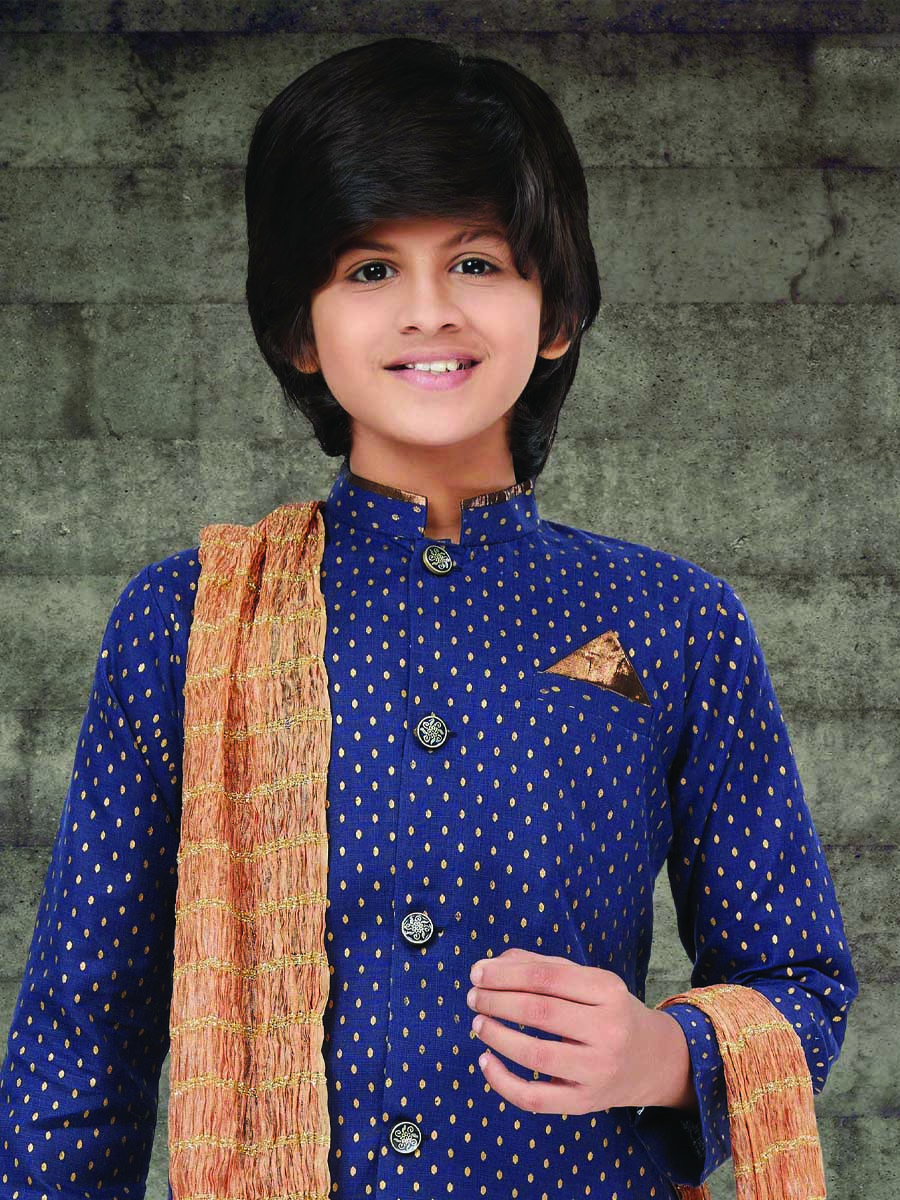 Navy Blue Cotton Printed Wedding Traditional Kurta Pyjama Boys Wear