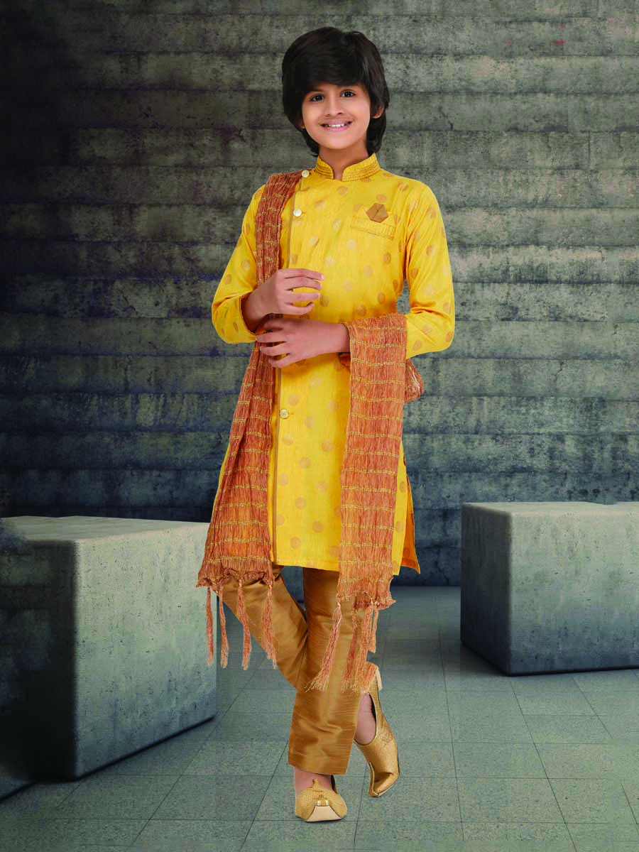 Yellow Cotton Printed Wedding Traditional Kurta Pyjama Boys Wear