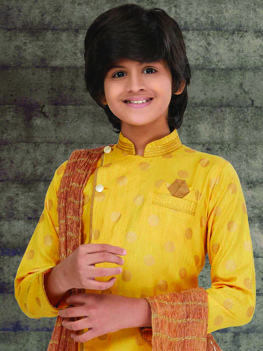 Yellow Cotton Printed Wedding Traditional Kurta Pyjama Boys Wear