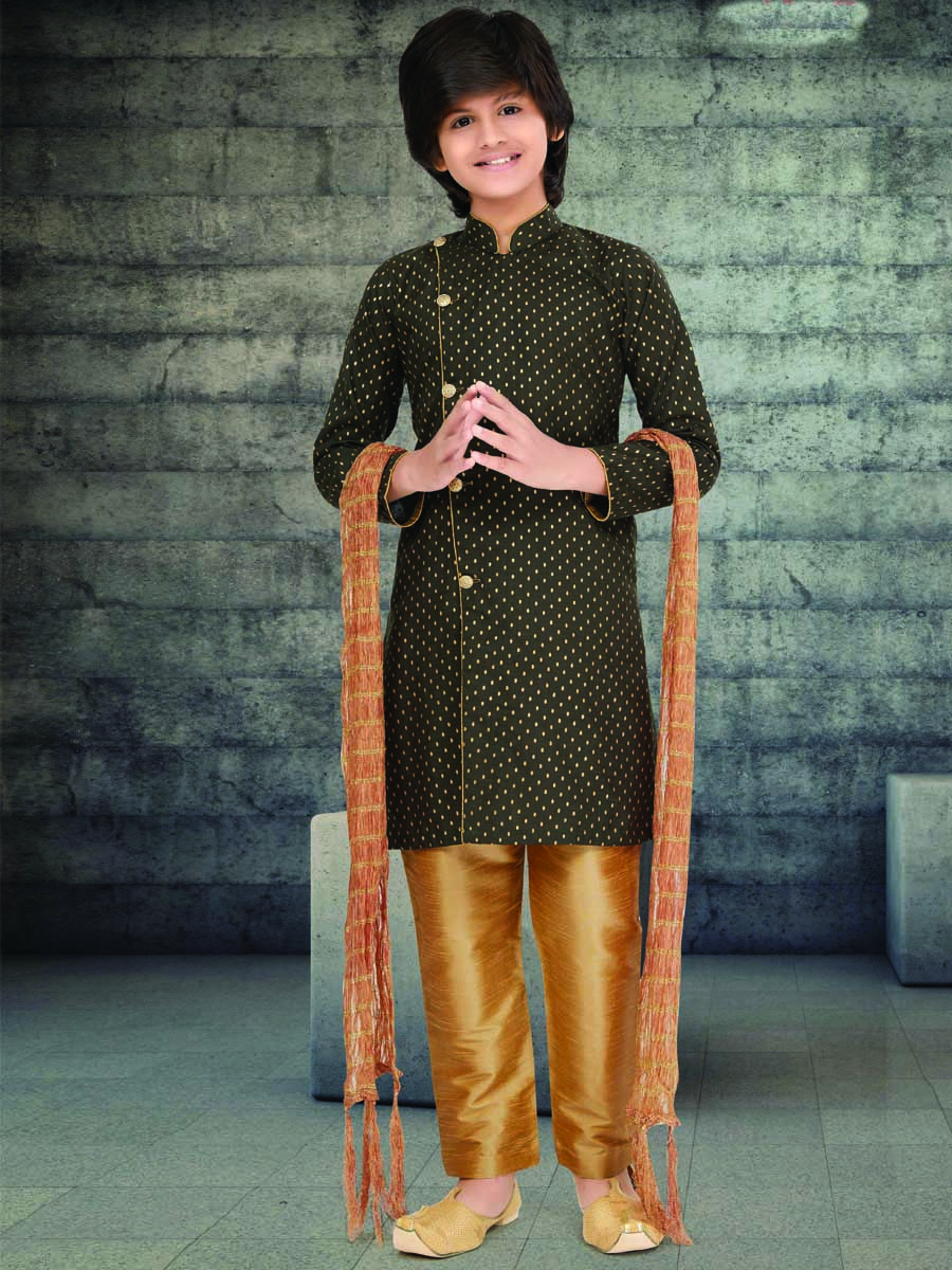 Mehendi Green Cotton Printed Wedding Traditional Kurta Pyjama Boys Wear