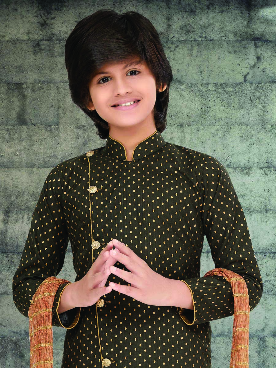 Mehendi Green Cotton Printed Wedding Traditional Kurta Pyjama Boys Wear