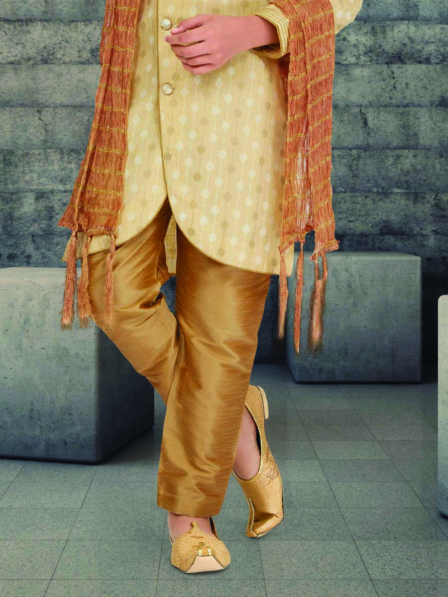 Light Gold Cotton Printed Wedding Traditional Kurta Pyjama Boys Wear