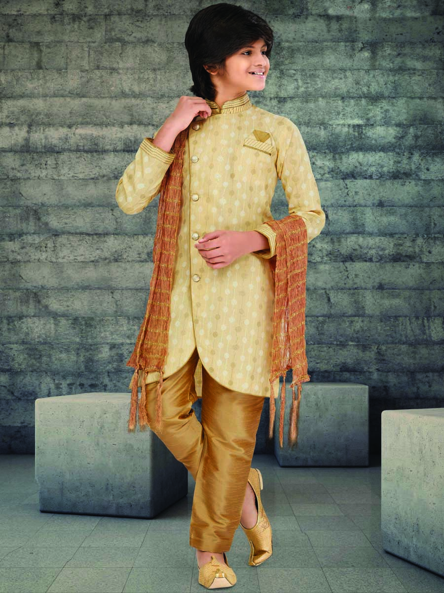 Light Gold Cotton Printed Wedding Traditional Kurta Pyjama Boys Wear