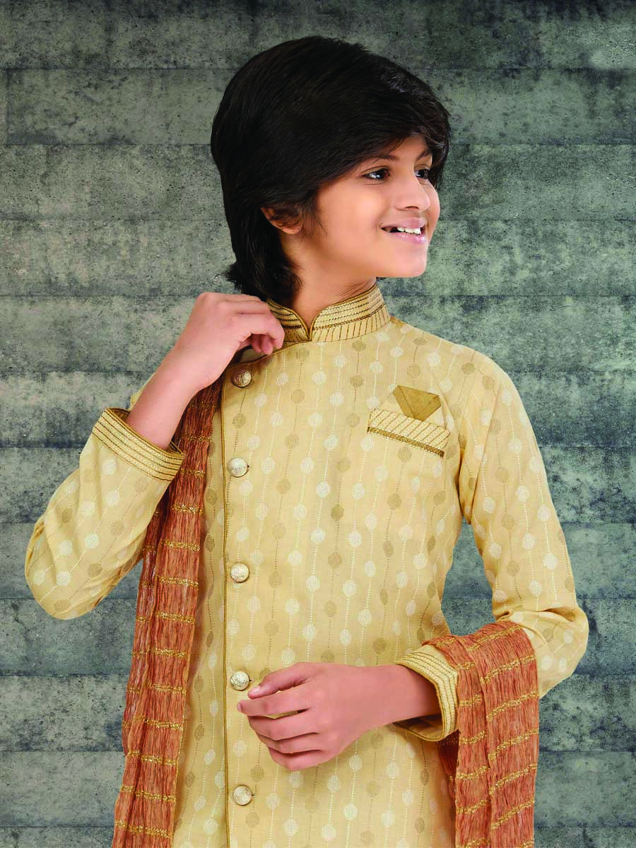 Light Gold Cotton Printed Wedding Traditional Kurta Pyjama Boys Wear